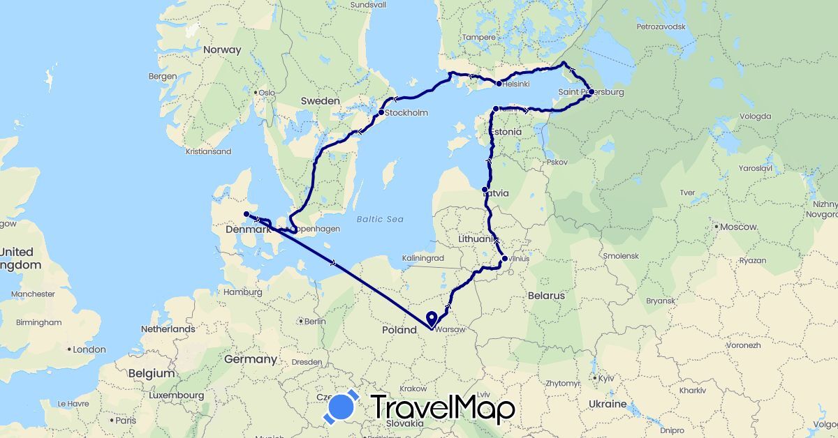 TravelMap itinerary: driving in Denmark, Estonia, Finland, Lithuania, Latvia, Poland, Russia, Sweden (Europe)